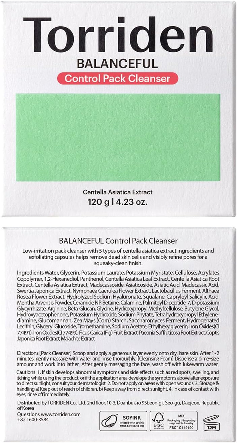 BALANCEFUL Control Pack Cleanser 120 G (4.23 Oz.) | 2-In-1 Face Cleanser & Washable Mask | Gentle Exfoliating Cleanser | Sensitive Skin | 5D Cica, LHA, Squalane | Korean Skin Care