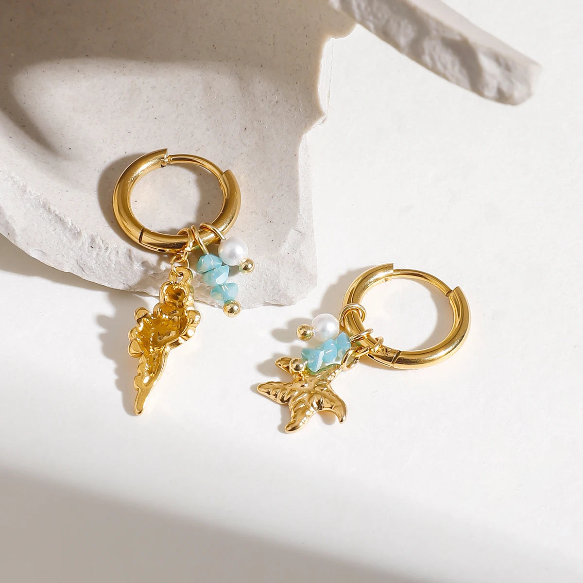 Zora Ocean Style Charm Drop Earrings Gold Plated Stainless Steel Conch Starfish Imitation Pearl Crystal Waterproof Jewelry