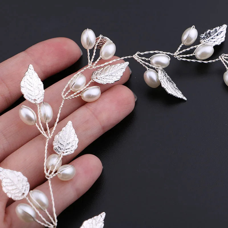 Pearl Flower Headband Tiaras Crowns Girls Silver Gold Color Leaf Headpiece Bridal Hair Jewelry Elegant Wedding Hair Accessories