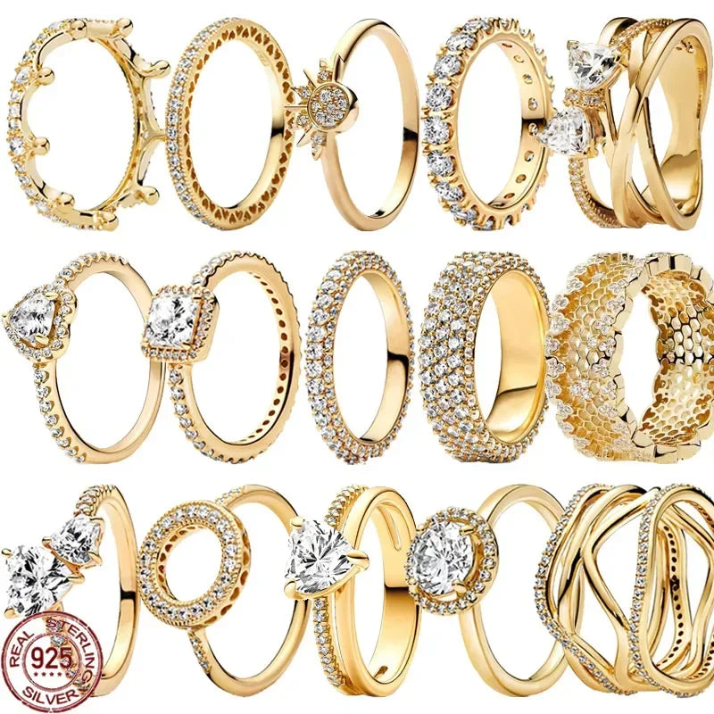 Hot Selling 925 Sterling Silver Exquisite Gold Series Ring, Sparkling Heart-Shaped Crown Ring, Fashionable Charm Jewelry Gift