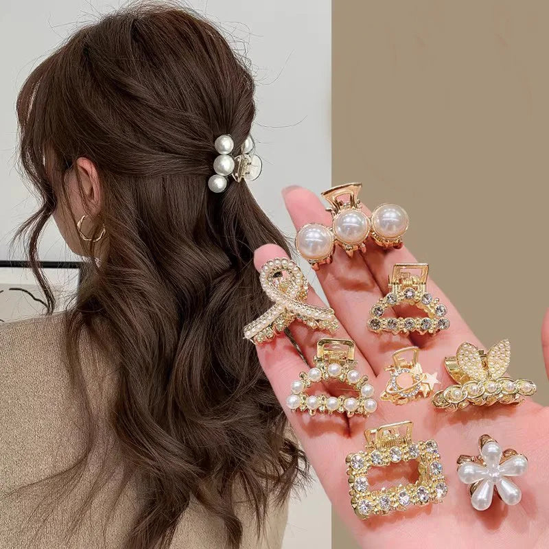 6/8/10Pcs/Set Small Rhinestone Pearls Geometric Metal Hair Claws for Women Girls Sweet Mini Hair Clips Hairpins Hair Accessories