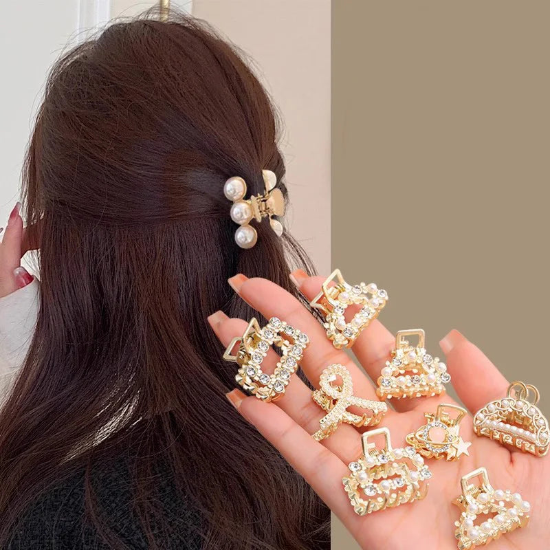 6/8/10Pcs/Set Small Rhinestone Pearls Geometric Metal Hair Claws for Women Girls Sweet Mini Hair Clips Hairpins Hair Accessories