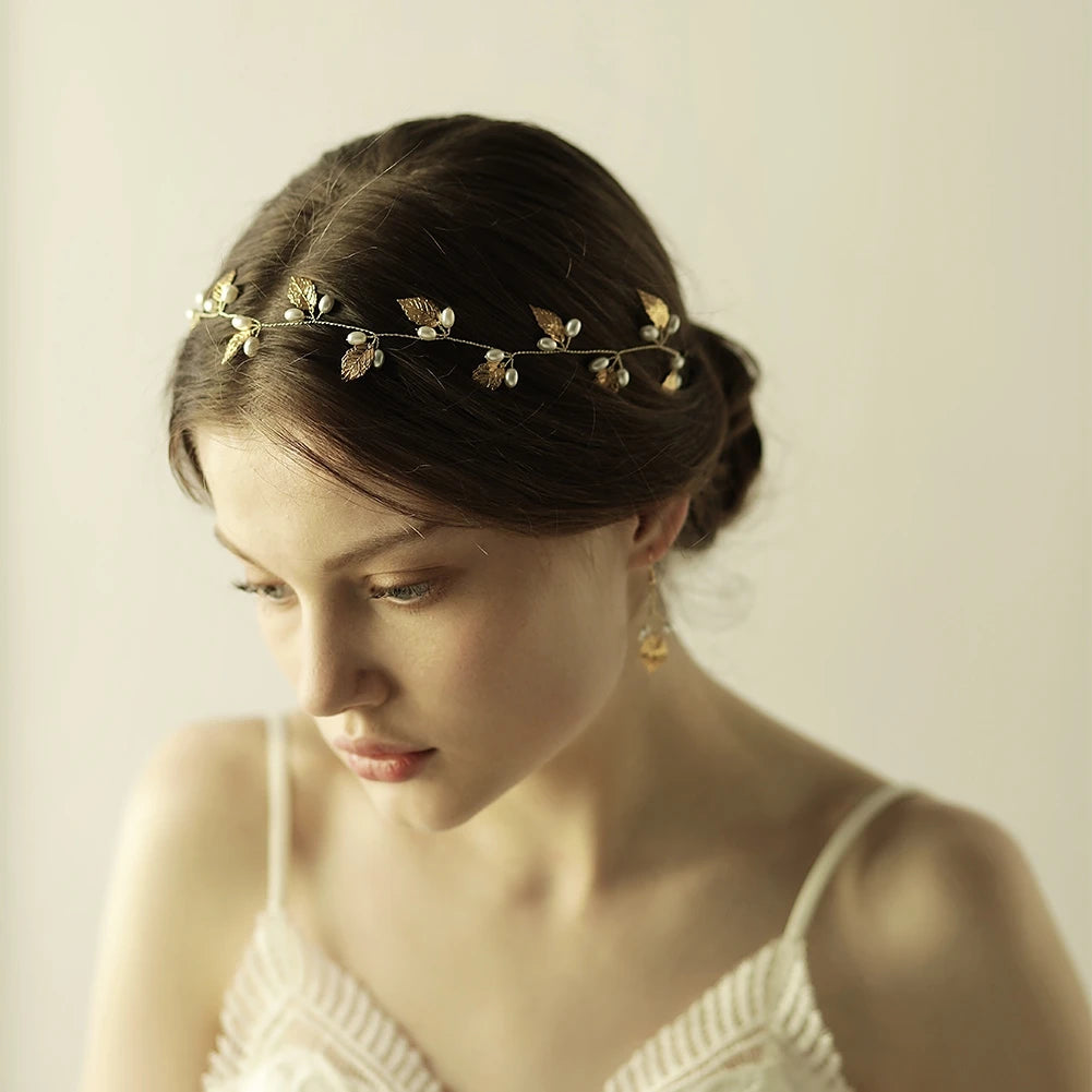 Pearl Flower Headband Tiaras Crowns Girls Silver Gold Color Leaf Headpiece Bridal Hair Jewelry Elegant Wedding Hair Accessories
