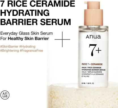 Rice Ceramide 7 Hydrating Barrier Serum, Moisturizing Face Serum, Non-Comodogenic, Hyaluronic Acid, Niacinamide, Lightweight, Fragrance Free, Sensitive Dry Skin, Korean Skincare, 1.69 Fl.Oz