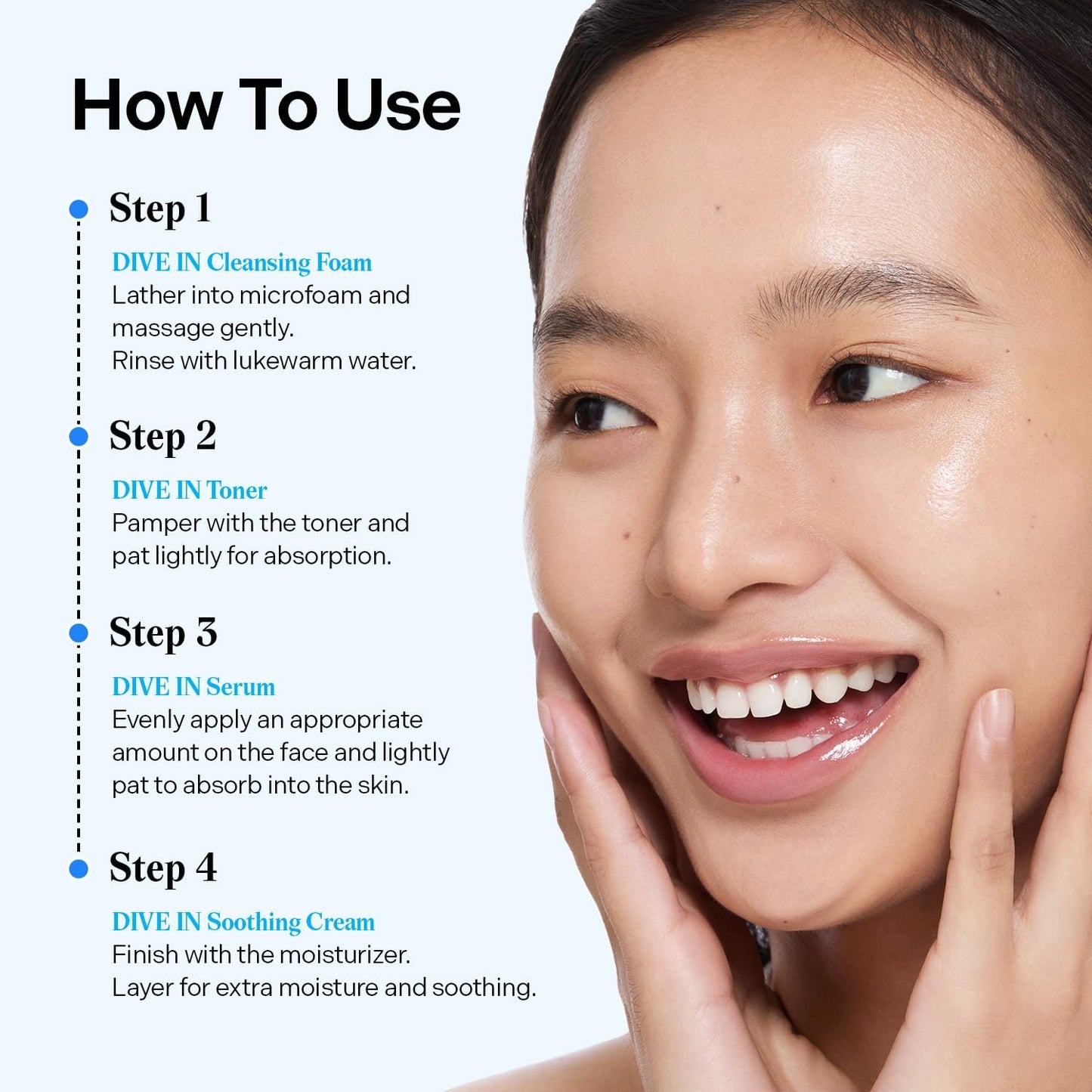 DIVE in Sample Set | Daily Skin Care Set with Hyaluronic Acid - 4-Step Care Routine with Cleansing Foam, Facial Toner, Serum and Cream | Korean Skincare Set