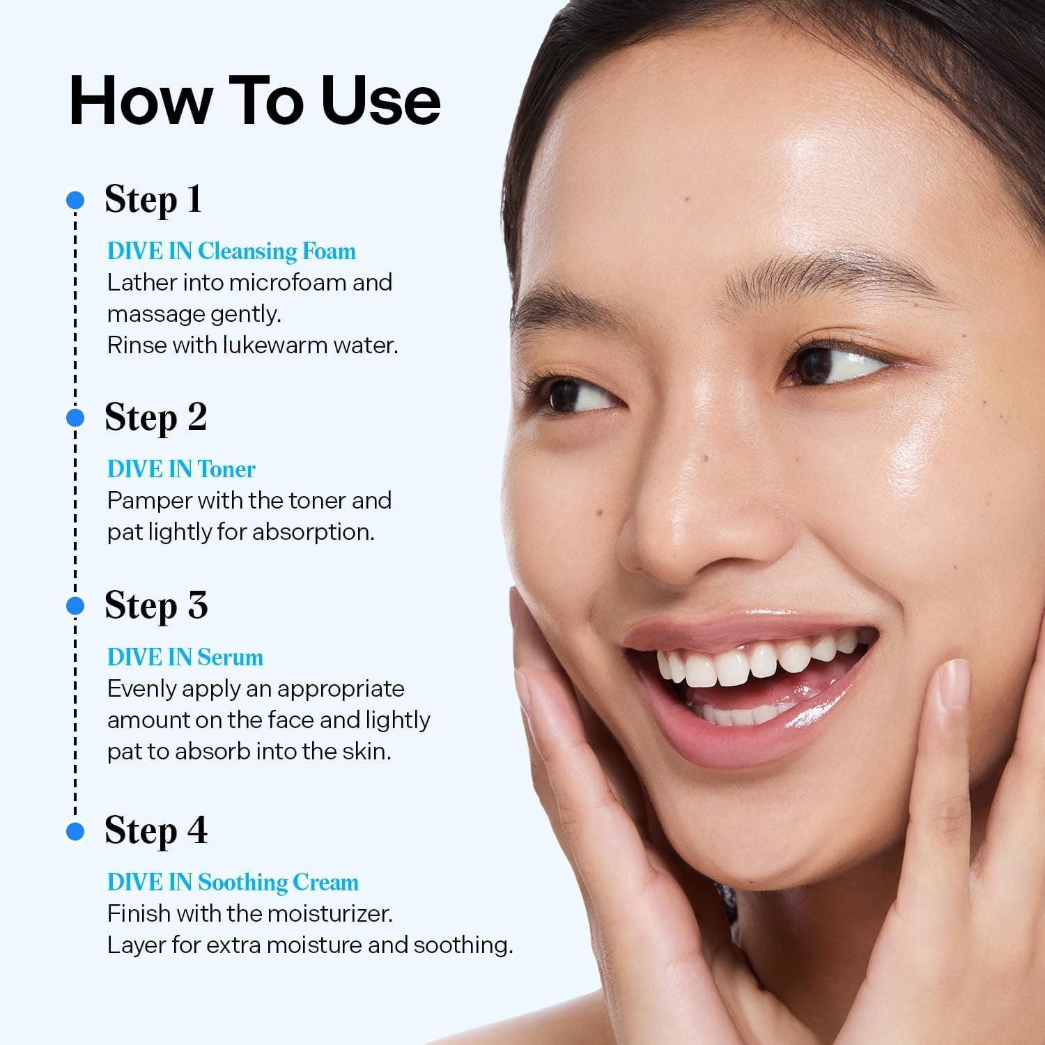 DIVE in Sample Set | Daily Skin Care Set with Hyaluronic Acid - 4-Step Care Routine with Cleansing Foam, Facial Toner, Serum and Cream | Korean Skincare Set