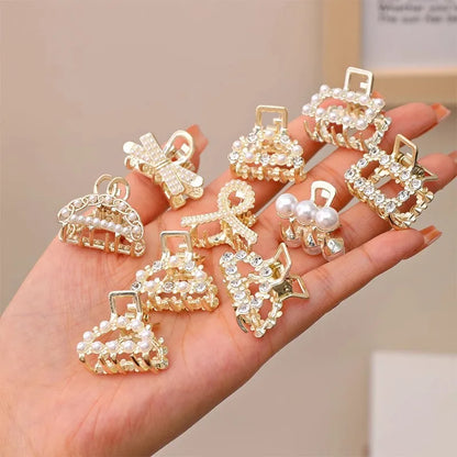 6/8/10Pcs/Set Small Rhinestone Pearls Geometric Metal Hair Claws for Women Girls Sweet Mini Hair Clips Hairpins Hair Accessories