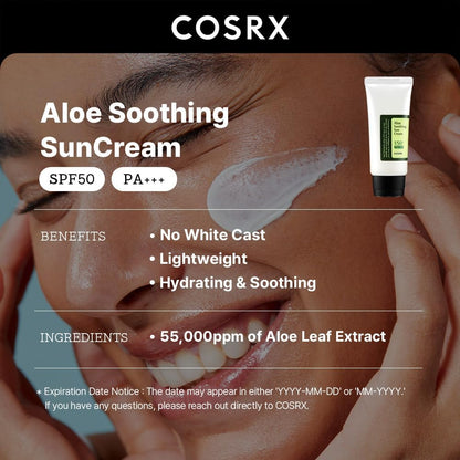 Aloe Soothing Sun Cream SPF 50+++, Daily Hydrating Sunscreen for Dry Sensitive Skin, UVA&UVB Protection, No White Marks, Sun Moisturiser, Korean Sunscreen, Korean Skincare