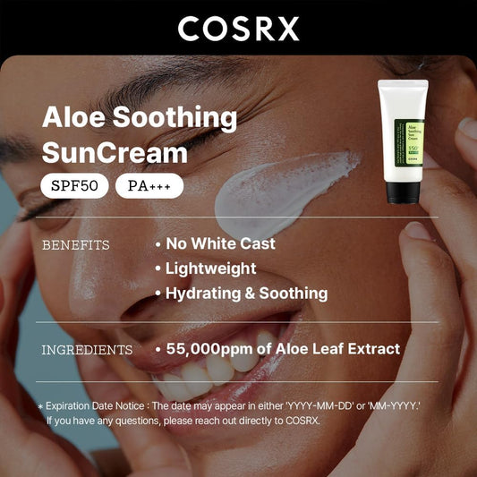 Aloe Soothing Sun Cream SPF 50+++, Daily Hydrating Sunscreen for Dry Sensitive Skin, UVA&UVB Protection, No White Marks, Sun Moisturiser, Korean Sunscreen, Korean Skincare
