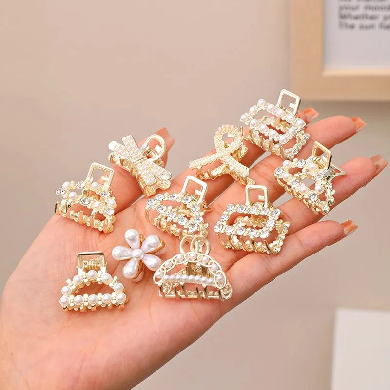 6/8/10Pcs/Set Small Rhinestone Pearls Geometric Metal Hair Claws for Women Girls Sweet Mini Hair Clips Hairpins Hair Accessories