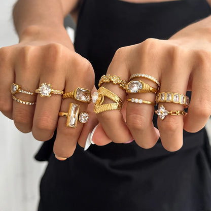 Minimalist 18K Gold Color Plated Stainless Steel Geometric Zircon Flower Ring Stackable Texture Ring Women'S Jewelry