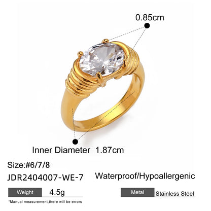Minimalist 18K Gold Color Plated Stainless Steel Geometric Zircon Flower Ring Stackable Texture Ring Women'S Jewelry