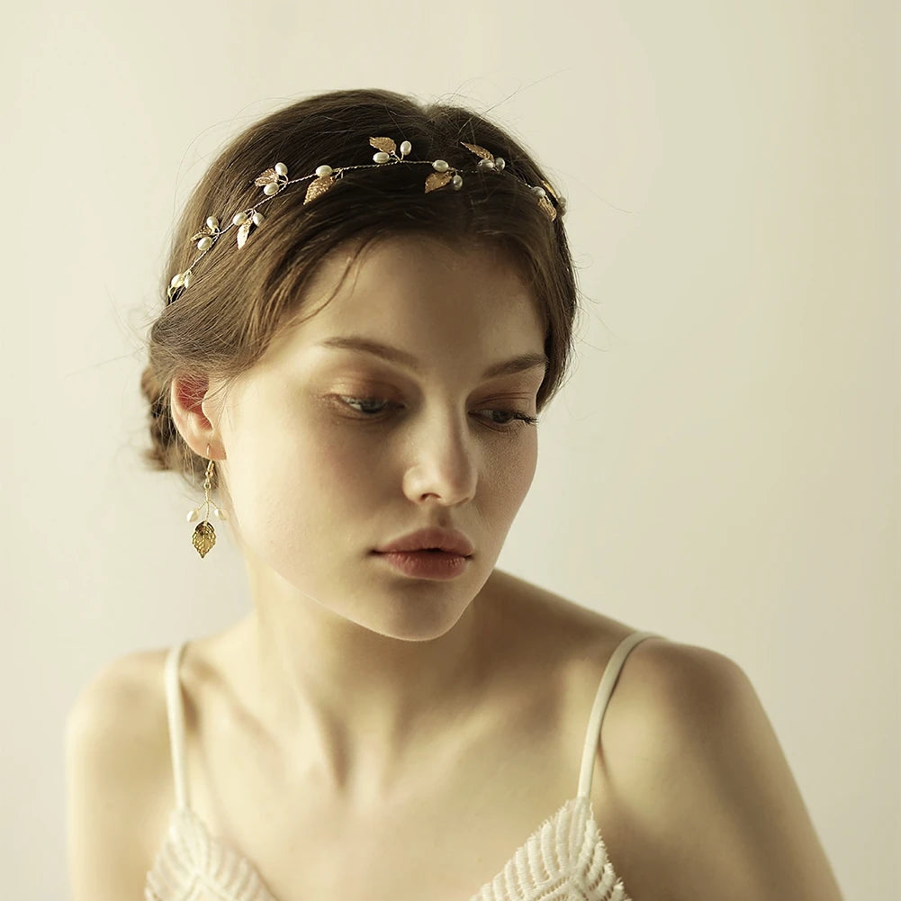 Pearl Flower Headband Tiaras Crowns Girls Silver Gold Color Leaf Headpiece Bridal Hair Jewelry Elegant Wedding Hair Accessories