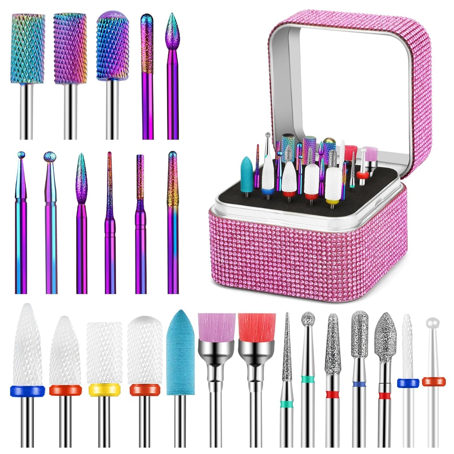 25Pcs Nail Drill Bits Set with Rhinestone Storage Box