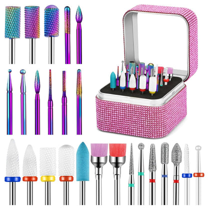 25Pcs Nail Drill Bits Set with Rhinestone Storage Box