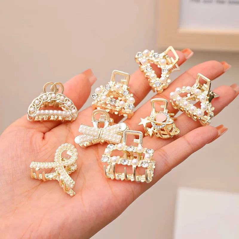 6/8/10Pcs/Set Small Rhinestone Pearls Geometric Metal Hair Claws for Women Girls Sweet Mini Hair Clips Hairpins Hair Accessories