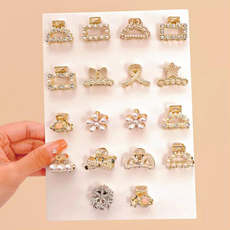 6/8/10Pcs/Set Small Rhinestone Pearls Geometric Metal Hair Claws for Women Girls Sweet Mini Hair Clips Hairpins Hair Accessories