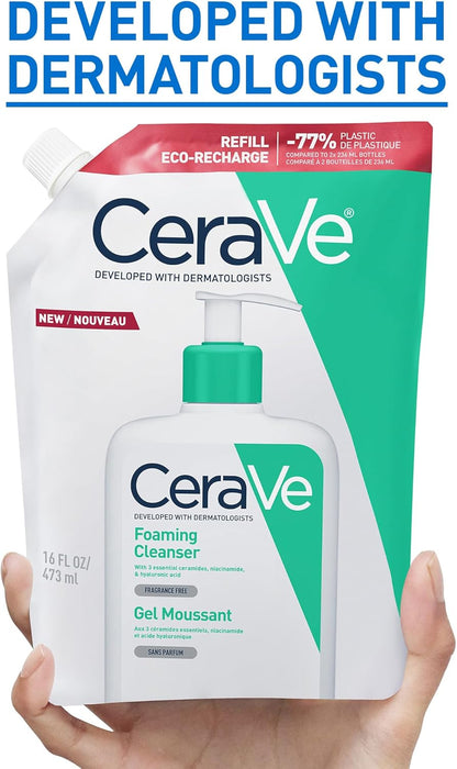 Cerave Foaming Cleanser Refill Face Wash for Normal to Oily Skin, 236Ml | Gentle Foaming Cleanser with Niacinamide, 3 Essential Ceramides, Removes Excess Oil, Fragrance-Free, Dermatologist Developed