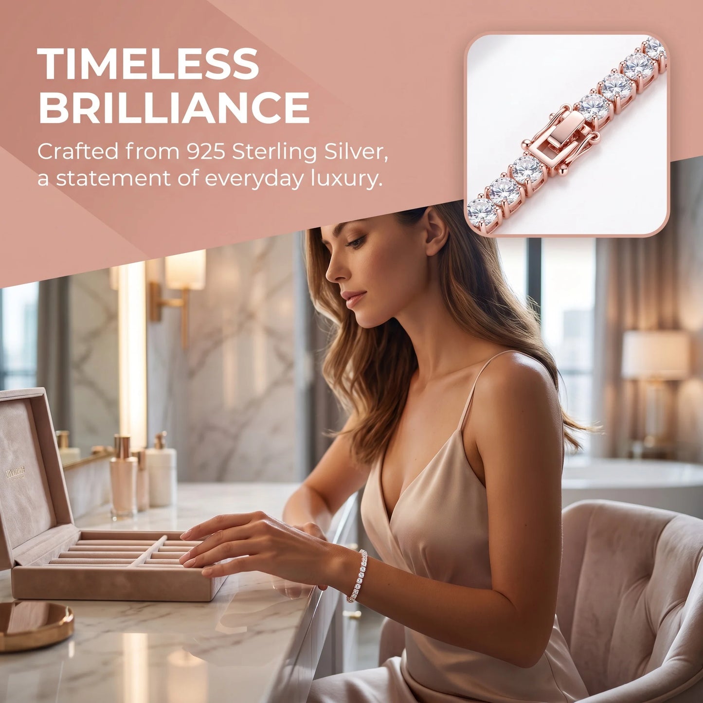 925 Silver Rose Gold Plated Tennis Bracelet 4Mm Shiny Zirconia Jewelry for Women Fashionable Classic Bangle Accessory