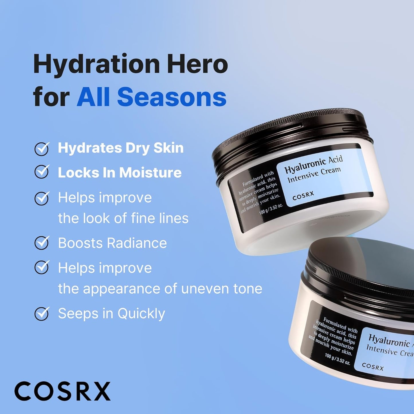 Hyaluronic Acid Moisturizing Cream, 100G, Long-Lasting Hydration, Rich Moisturizer for Sensitive Skin, Korean Skin Care, Animal Testing Free, Parabens Free