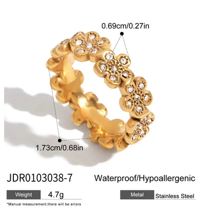 Minimalist 18K Gold Color Plated Stainless Steel Geometric Zircon Flower Ring Stackable Texture Ring Women'S Jewelry