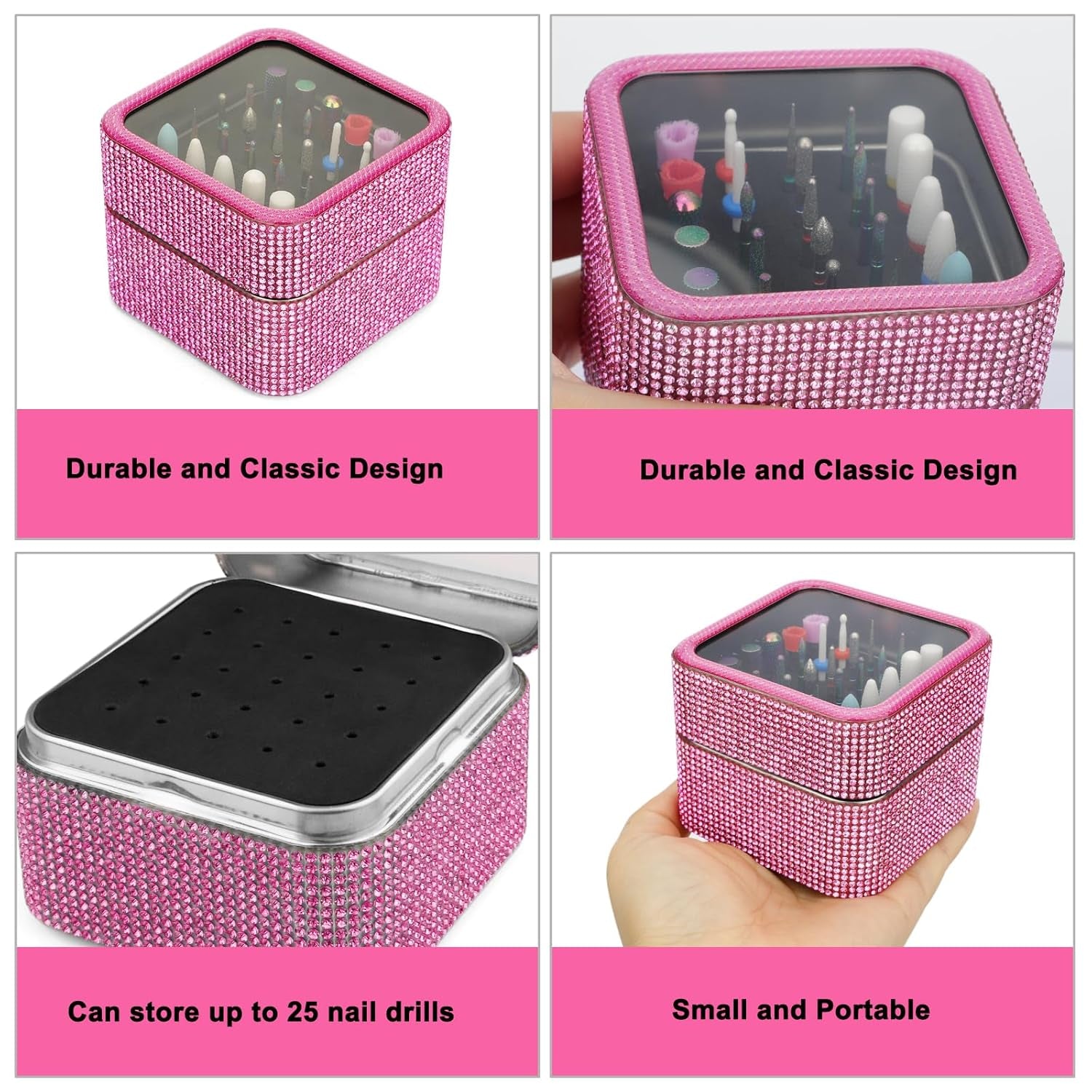 25Pcs Nail Drill Bits Set with Rhinestone Storage Box