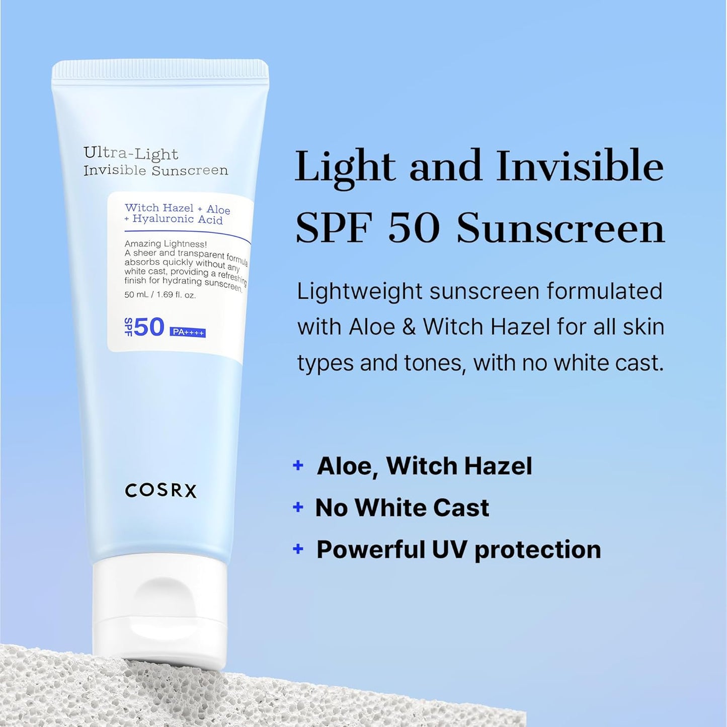 Ultra-Light Invisible Sunscreen SPF 50 Face Moisturiser, PA++++ Korean Sunscreen, Non Oily Sun Cream, UVA/UVB Protection, Daily Hydrating Sun Lotion, No White Cast 50Ml