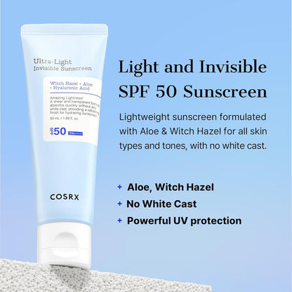 Ultra-Light Invisible Sunscreen SPF 50 Face Moisturiser, PA++++ Korean Sunscreen, Non Oily Sun Cream, UVA/UVB Protection, Daily Hydrating Sun Lotion, No White Cast 50Ml