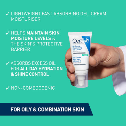 Cerave Oil Control Moiusturising Gel Cream for Combination & Oily Skin,52Ml | Oil-Absorbing Technology with 3 Essential Ceramides & Hyaluronic Acid, Lightweight, Matte Finish, Dermatologist Developed