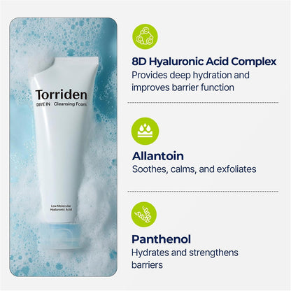 DIVE-IN Low Molecular Hyaluronic Acid Cleansing Foam - Mini (30Ml) | Balancing & Moisturising | 8-Layered Hyaluronic Acid, Malachite Extract | Korean Foam Cleanser, Korean Skincare