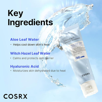 Ultra-Light Invisible Sunscreen SPF 50 Face Moisturiser, PA++++ Korean Sunscreen, Non Oily Sun Cream, UVA/UVB Protection, Daily Hydrating Sun Lotion, No White Cast 50Ml