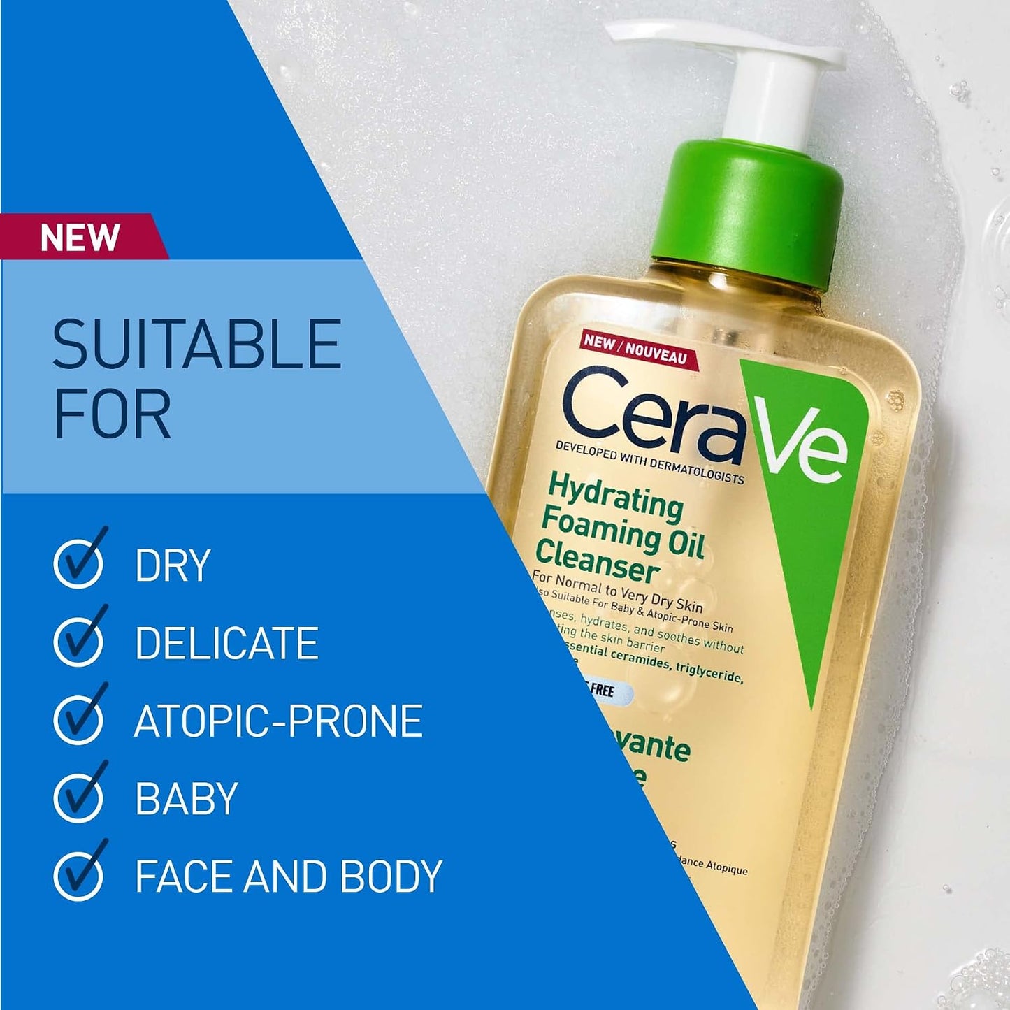 Cerave Hydrating Foaming Oil Cleanser with 3 Essential Ceramides, Triglyceride, & Squalane, Oil-To-Foam Formula for Normal to Very Dry Skin, Face & Body Cleanser, Dermatologist Developed