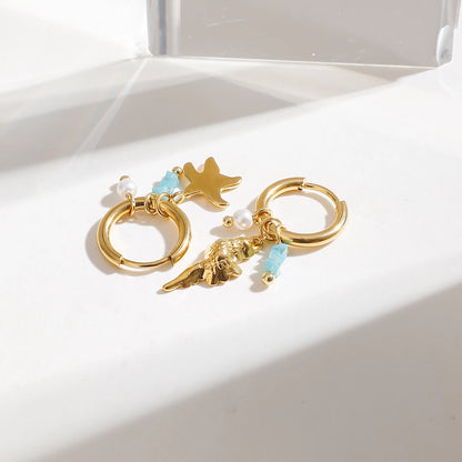 Zora Ocean Style Charm Drop Earrings Gold Plated Stainless Steel Conch Starfish Imitation Pearl Crystal Waterproof Jewelry