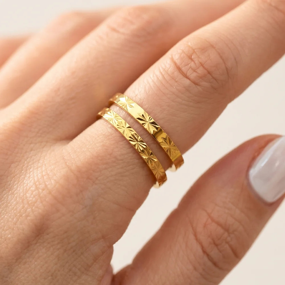 Stainless Steel Rings for Women Golden Stackable Starburst Textured Pattern Minimalist Delicate Finger Tail Joint Jewelry
