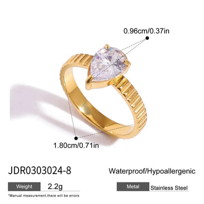 Minimalist 18K Gold Color Plated Stainless Steel Geometric Zircon Flower Ring Stackable Texture Ring Women'S Jewelry