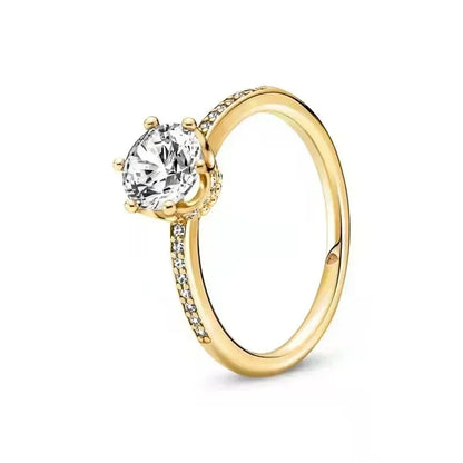 Hot Selling 925 Sterling Silver Exquisite Gold Series Ring, Sparkling Heart-Shaped Crown Ring, Fashionable Charm Jewelry Gift