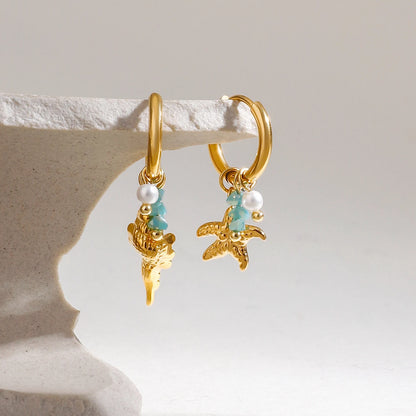 Zora Ocean Style Charm Drop Earrings Gold Plated Stainless Steel Conch Starfish Imitation Pearl Crystal Waterproof Jewelry