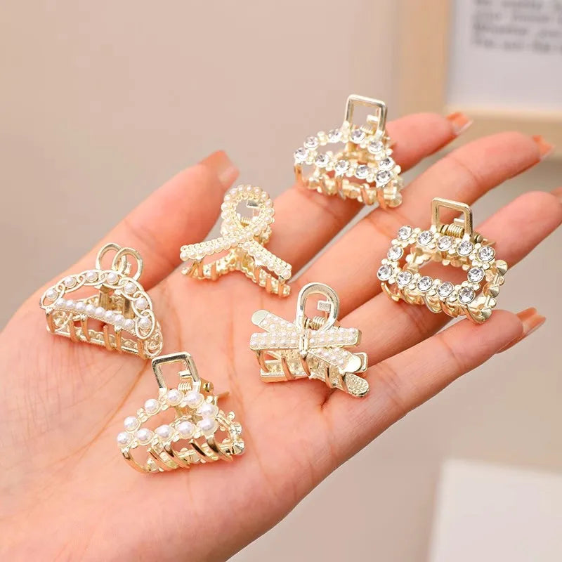 6/8/10Pcs/Set Small Rhinestone Pearls Geometric Metal Hair Claws for Women Girls Sweet Mini Hair Clips Hairpins Hair Accessories