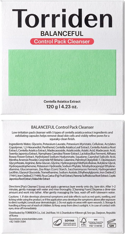 BALANCEFUL Control Pack Cleanser 120 G (4.23 Oz.) | 2-In-1 Face Cleanser & Washable Mask | Gentle Exfoliating Cleanser | Sensitive Skin | 5D Cica, LHA, Squalane | Korean Skin Care