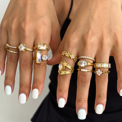 Minimalist 18K Gold Color Plated Stainless Steel Geometric Zircon Flower Ring Stackable Texture Ring Women'S Jewelry