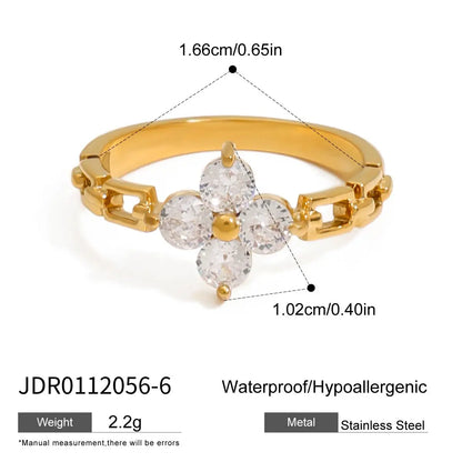 Minimalist 18K Gold Color Plated Stainless Steel Geometric Zircon Flower Ring Stackable Texture Ring Women'S Jewelry