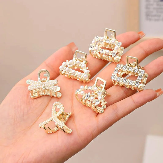 6/8/10Pcs/Set Small Rhinestone Pearls Geometric Metal Hair Claws for Women Girls Sweet Mini Hair Clips Hairpins Hair Accessories