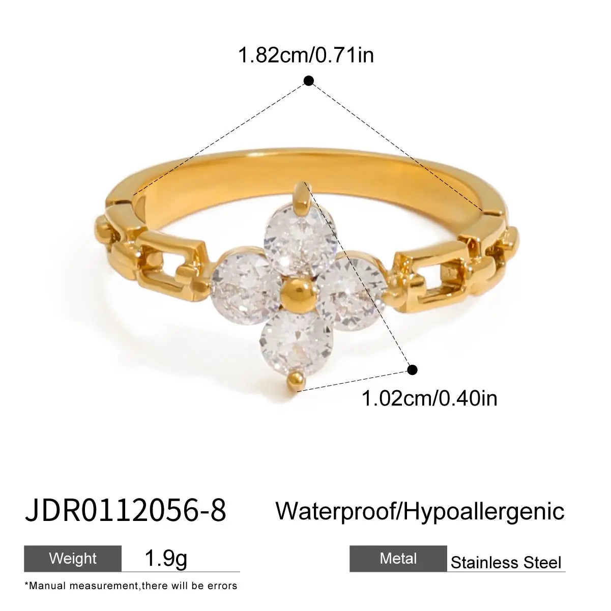 Minimalist 18K Gold Color Plated Stainless Steel Geometric Zircon Flower Ring Stackable Texture Ring Women'S Jewelry