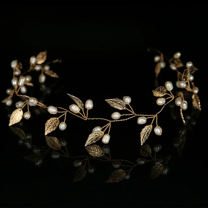 Pearl Flower Headband Tiaras Crowns Girls Silver Gold Color Leaf Headpiece Bridal Hair Jewelry Elegant Wedding Hair Accessories