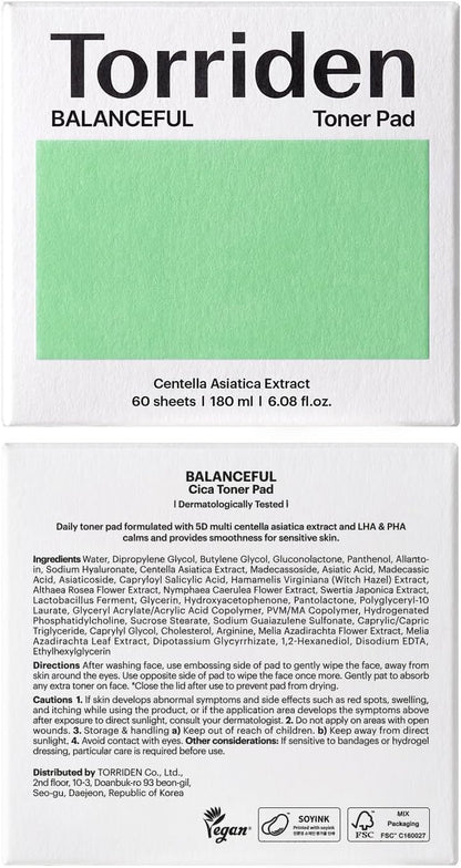 Balanceful Toner Pads | 60Pcs | Soothes and Exfoliates Rough Texture in Oily Sensitive Skin, 5D CICA Complex, Lhas, Korean Skincare