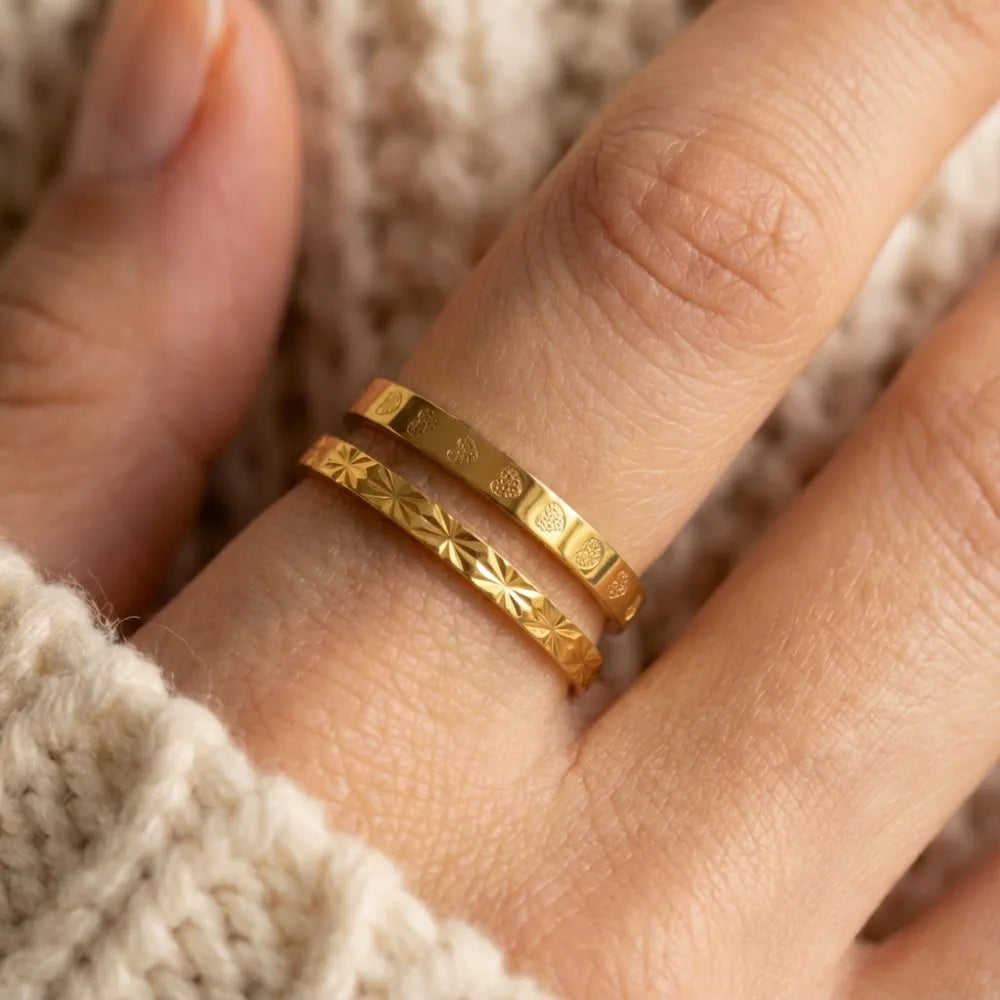 Stainless Steel Rings for Women Golden Stackable Starburst Textured Pattern Minimalist Delicate Finger Tail Joint Jewelry