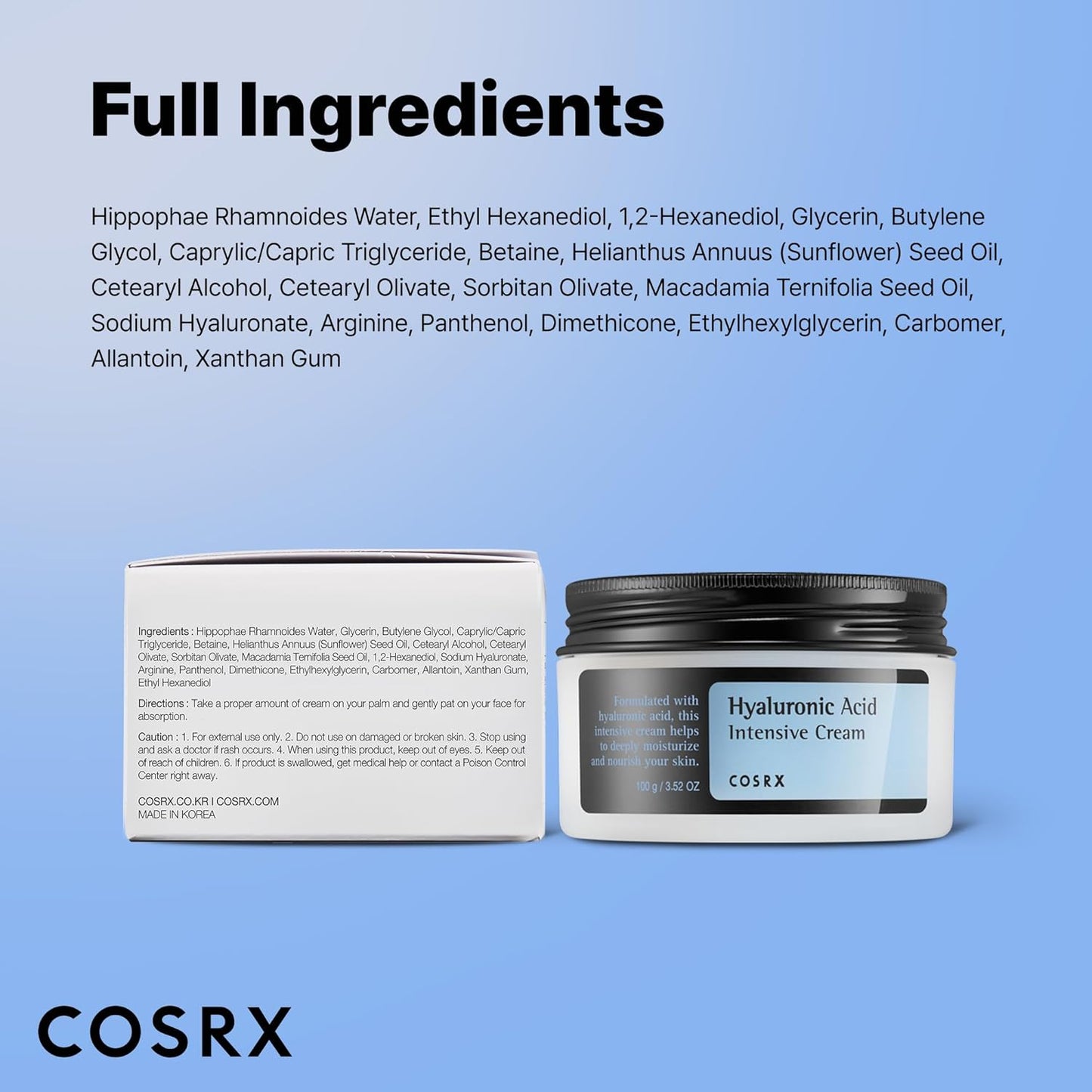 Hyaluronic Acid Moisturizing Cream, 100G, Long-Lasting Hydration, Rich Moisturizer for Sensitive Skin, Korean Skin Care, Animal Testing Free, Parabens Free