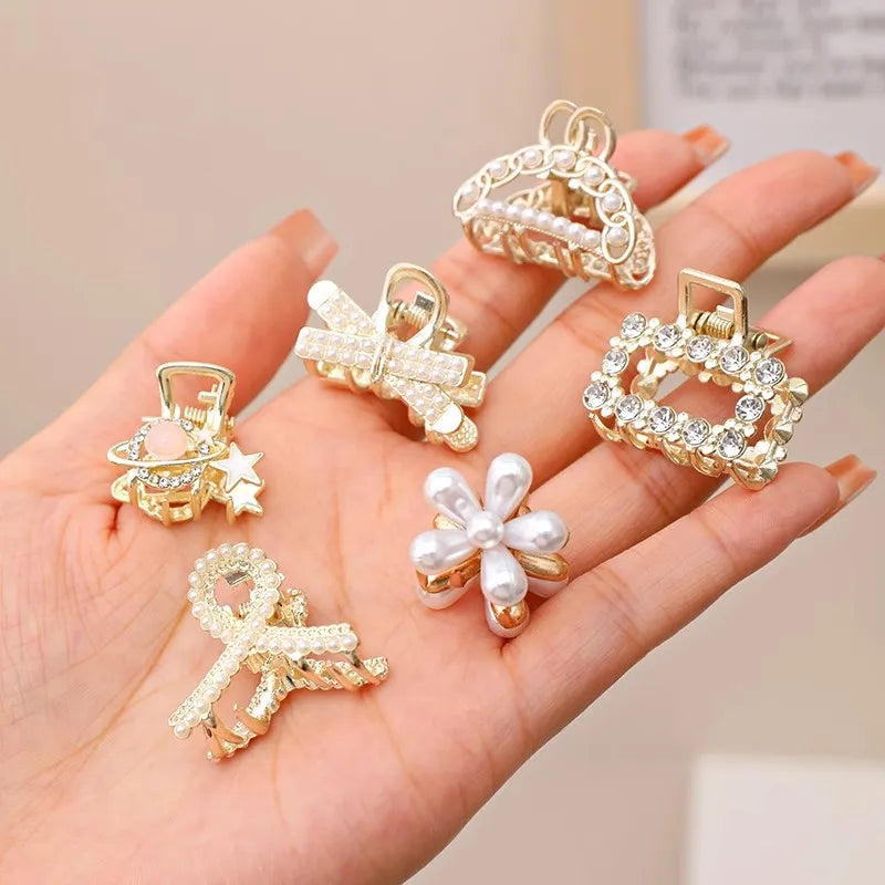 6/8/10Pcs/Set Small Rhinestone Pearls Geometric Metal Hair Claws for Women Girls Sweet Mini Hair Clips Hairpins Hair Accessories
