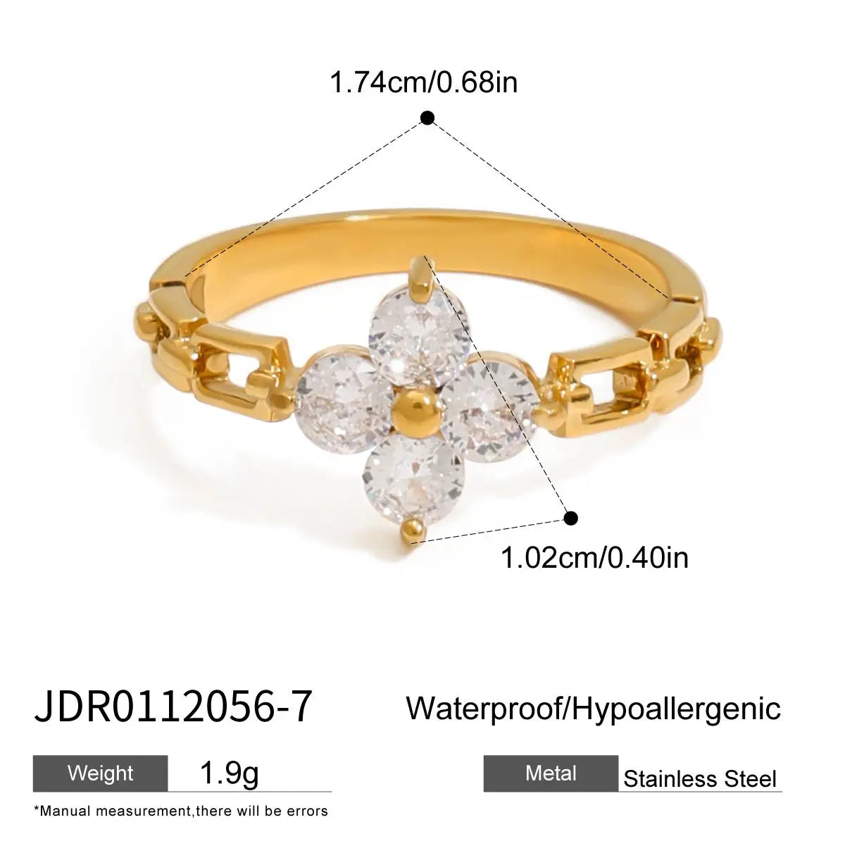 Minimalist 18K Gold Color Plated Stainless Steel Geometric Zircon Flower Ring Stackable Texture Ring Women'S Jewelry