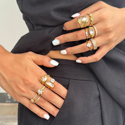 Minimalist 18K Gold Color Plated Stainless Steel Geometric Zircon Flower Ring Stackable Texture Ring Women'S Jewelry